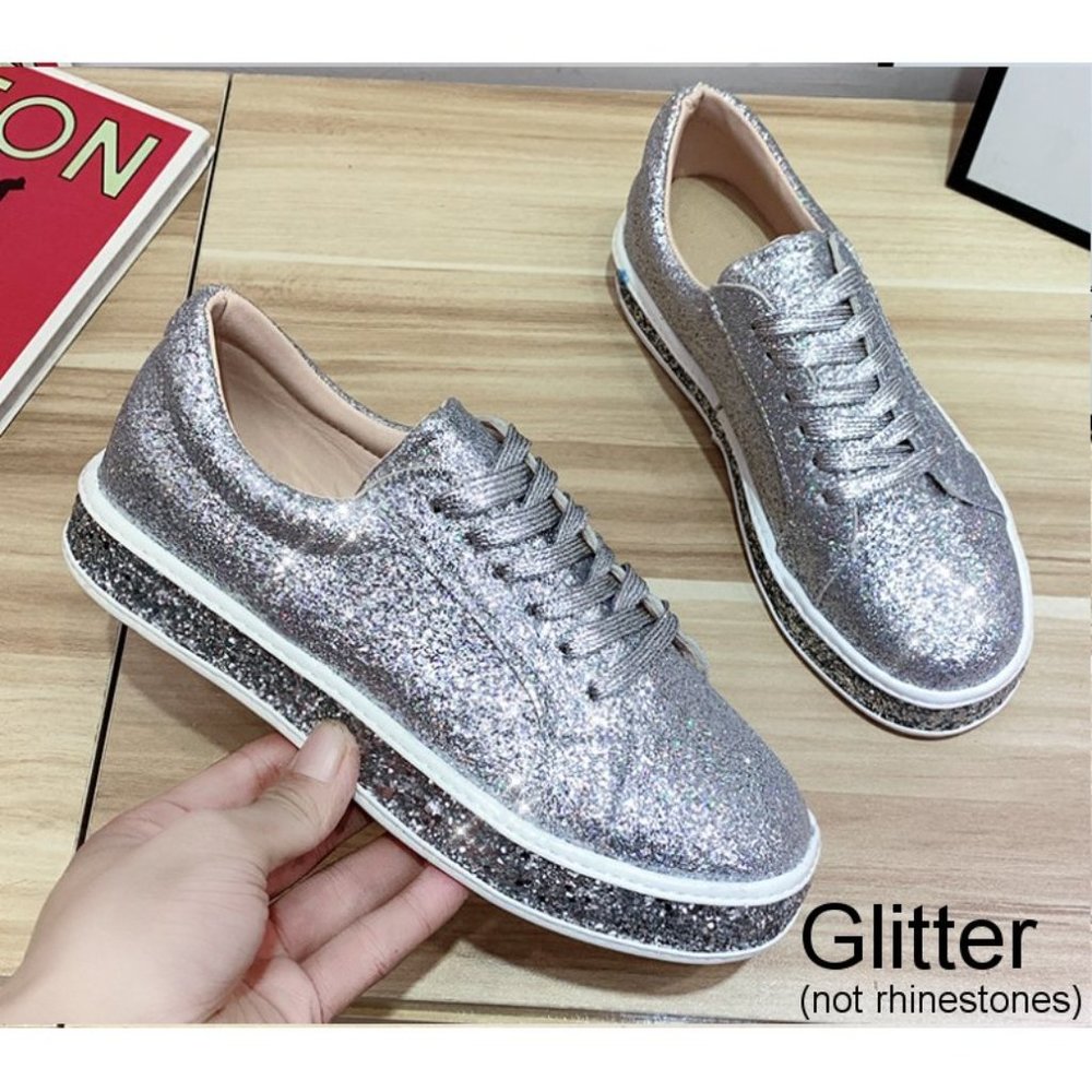 NEW Sparkling Bling Glitter Sneakers Athletic Sports Shoes Silver + FREE… - Picture 5 of 6